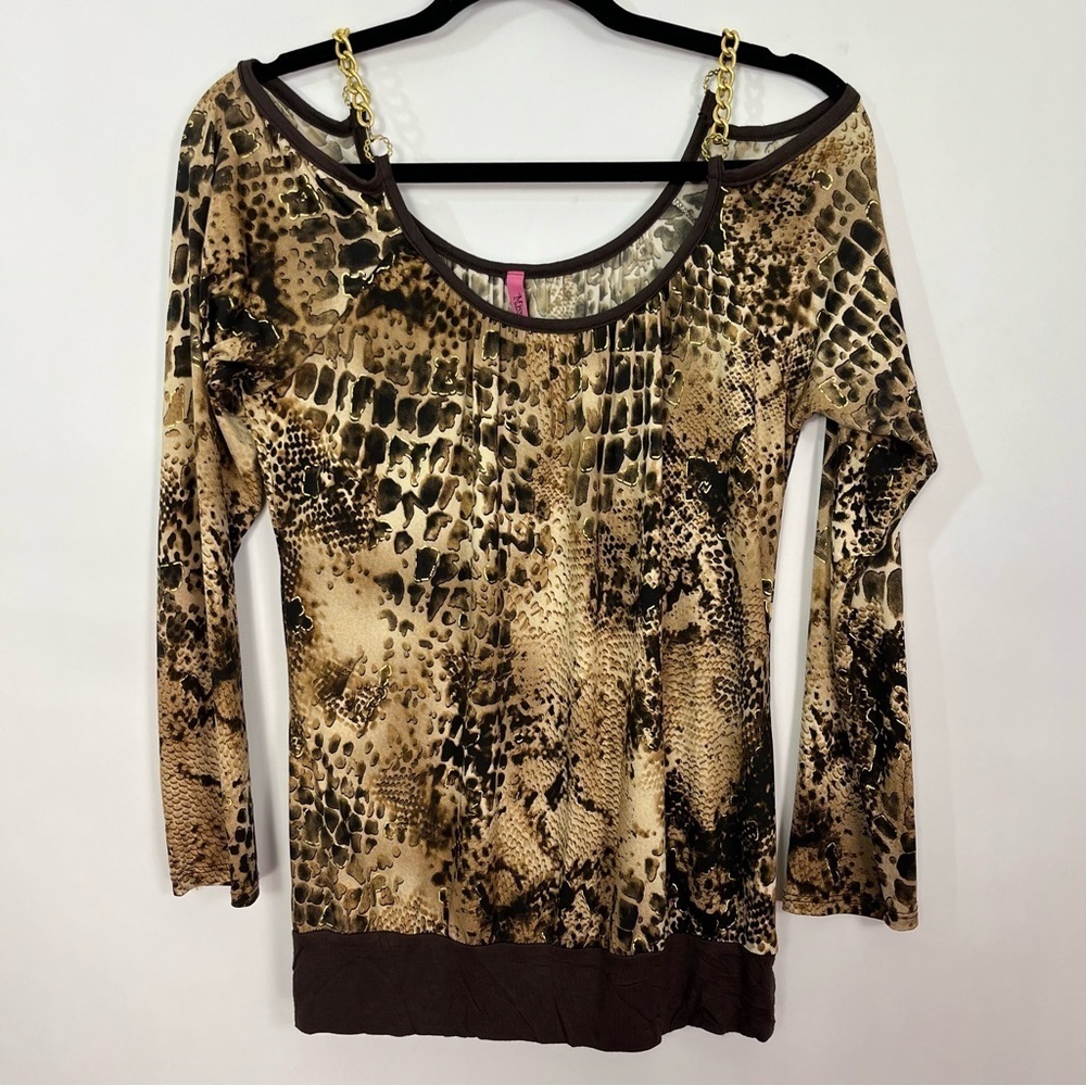 Brown Animal Print Cold Off Shoulder Blouse with Gold toned chain neck Sz Large